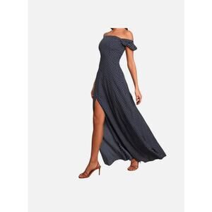 Lulus Navy Polka Dot Off Shoulder Maxi Dress Stretch Slit Romantic Summer M